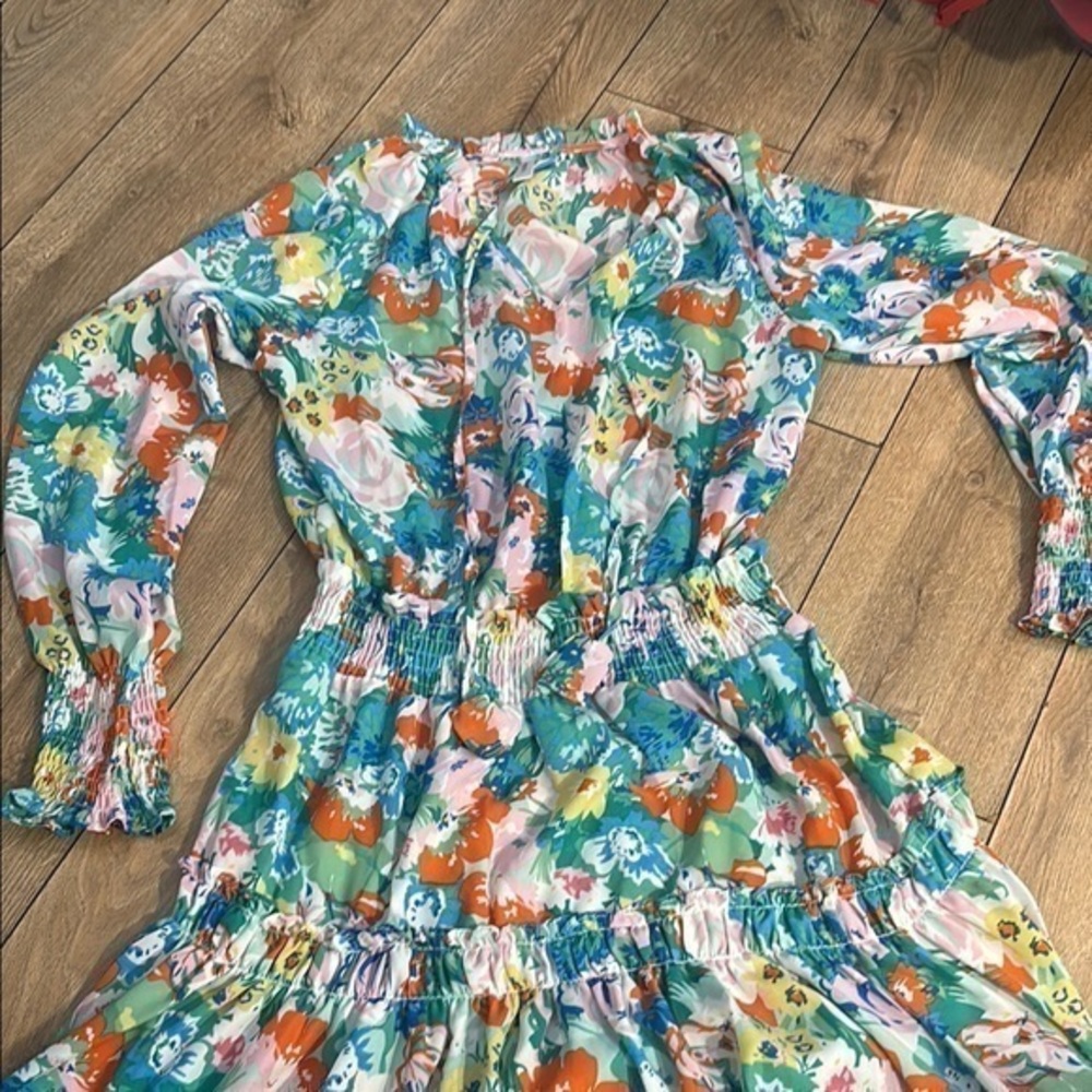 Teal Blue Ruffled Sundress with Long Bishop Sleeves